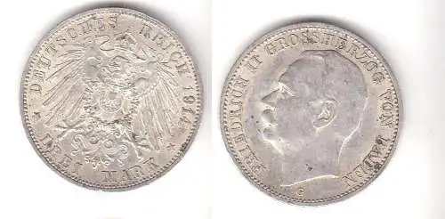 3 Mark Silbermünze Baden Großherzog Friedrich II 1914 Jäger 39  (111477)