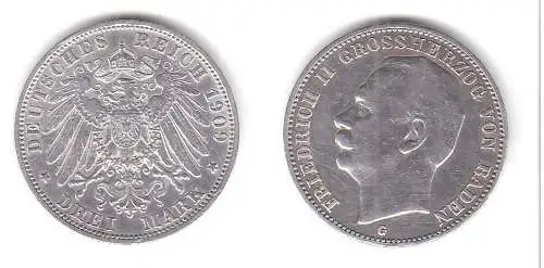 3 Mark Silbermünze Baden Großherzog Friedrich II 1909 Jäger 39  (111496)