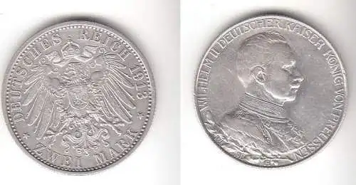 2 Mark Silbermünze Preussen Kaiser in Uniform 1913 Jäger 111  (112173)