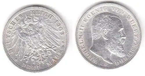 3 Mark Silbermünze Württemberg König Wilhelm II 1909 Jäger 175 (111931)