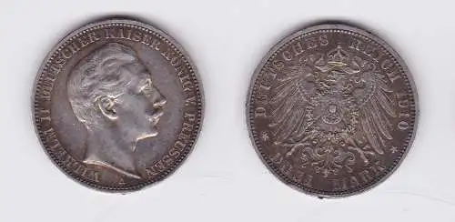 3 Mark Silbermünze Preussen Kaiser Wilhelm II 1910 Jäger 103  (122917)