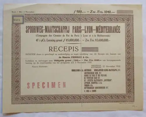 Aktie Spoorweg Maatschappij Paris Lyon Mediteranee 1932 Speciemen (138169)