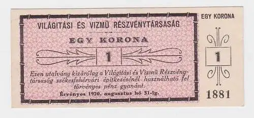 1 Korona Krone Banknote Ungarn Szekesfehervar 1920 (123340)