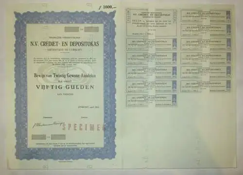 50 Gulden Aktie N.V. Crediet en Depositokas Utrecht 1962 Speciemen (144299)