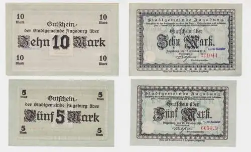 5, 10 Mark Banknoten Großnotgeld Stadt Augsburg 15.10.1918 (137266)