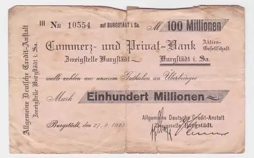 100 Millionen Mark Banknote Burgstädt Commerz- & Privatbank 27.9.1923 (122465)