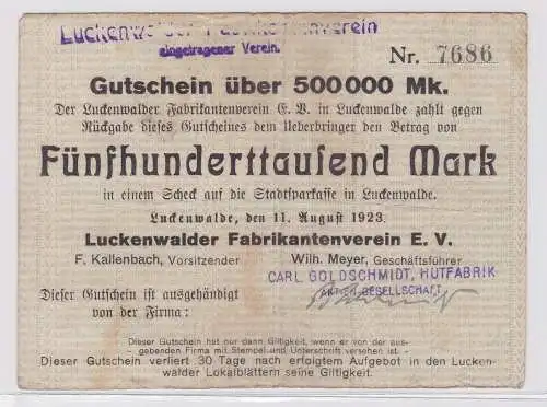 500000 Mark Banknote Luckenwalder Fabkrikantenverein e.V. 11.8.1923 (122452)