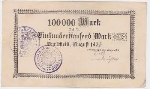 100000 Mark Banknote Burscheid Bürgermeister Amt August 1923 (122624)
