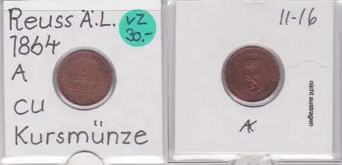 1 Pfennig Kupfer Münze Reuss-Obergreiz Ältere Linie 1864 A (120588)