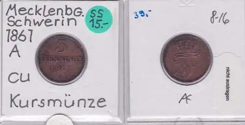3 Pfennig Kupfer Münze Mecklenburg-Schwerin 1861 A (121739)