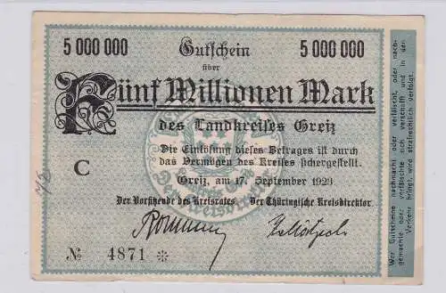 5 Millionen Mark Banknote Inflation Landkreis Greiz 17.9.1923 (126605)