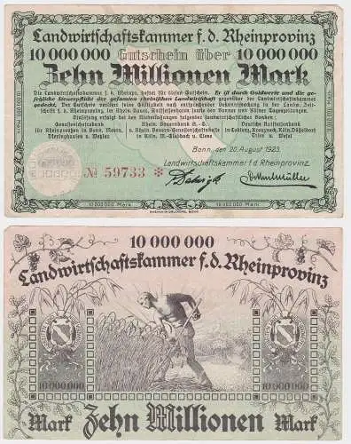 10 Millionen Mark Banknote Bonn Landwirtschaftskammer Rheinprovinz 1923 (122064)
