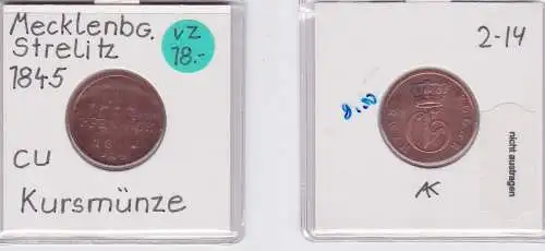 3 Pfennig Kupfer Münze Mecklenburg-Strelitz 1845 (121101)