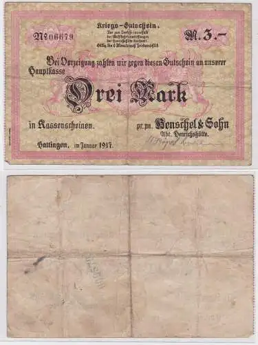 3 Mark Banknote Notgeld Hattingen Henschel & Sohn Januar 1917 (122278)