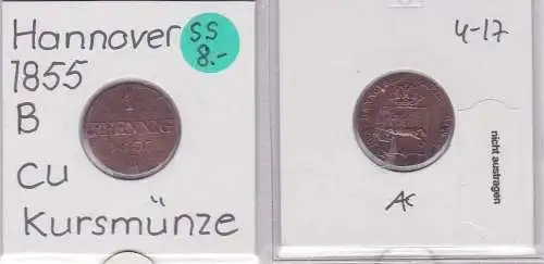 1 Pfennig Kupfer Münze Hannover 1855 B (121129)