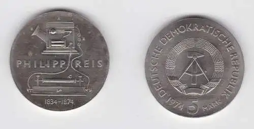 DDR Gedenk Münze 5 Mark Philipp Reis 1974 Stempelglanz (137022)