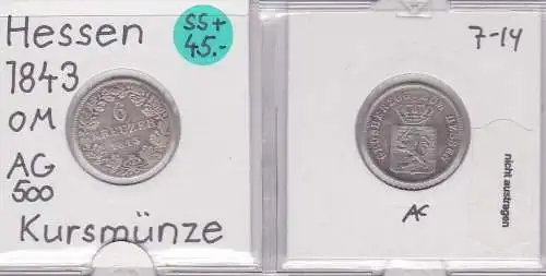 6 Kreuzer Silber Münze Hessen-Kassel 1843 (121149)
