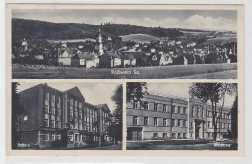 02172 Mehrbild Ak Roßwein in Sachsen Schule und Stadtbad um 1930