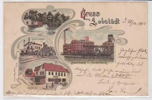 95582 Ak Lithographie Gruß aus Lobstädt Brikettfabrick mit Förderturm usw. 1903