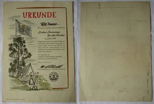 DDR Urkunde Durchführung Froher Ferientage für alle Kinder Berlin 1954 (164795)