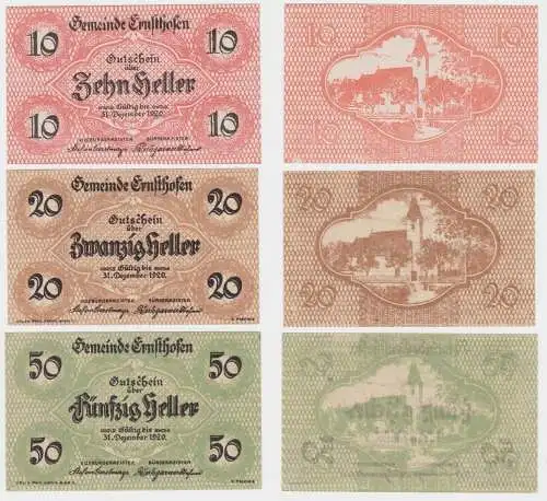 3 Banknoten 10 bis 50 Heller Notgeld Gemeinde Ernsthofen (145132)