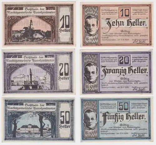 3 Banknoten 10 bis 50 Heller Notgeld Gemeinde Aurolzmünster 1920 (154132)