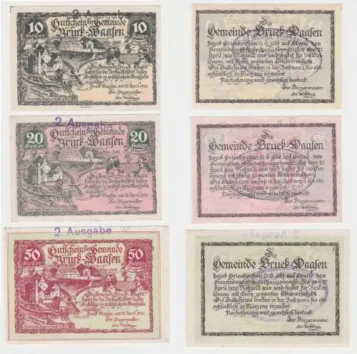 3 Banknoten 10 bis 50 Heller Notgeld Gemeinde Bruck-Waasen 1920 (154014)