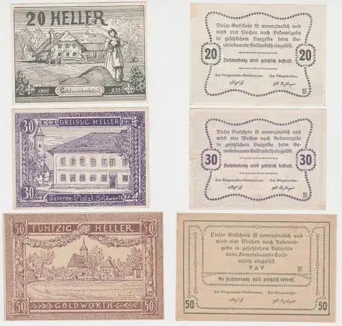 3 Banknoten 20 bis 50 Heller Notgeld Gemeinde Goldwörth (140415)