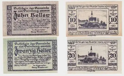 2 Banknoten 10 und 20 Heller Notgeld Gemeinde Geinberg (147117)