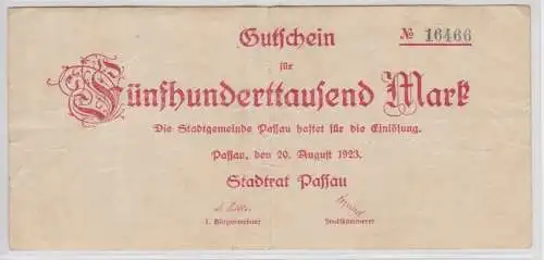 500000 Mark Banknote Inflation Stadt Passau 20.08.1923 (154637)