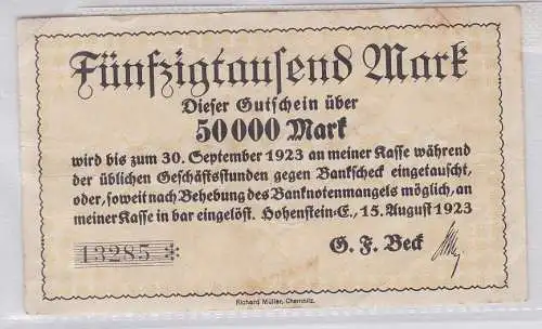 50000 Mark Banknote Hohenstein Ernstthal 15.08.1923 (118685)