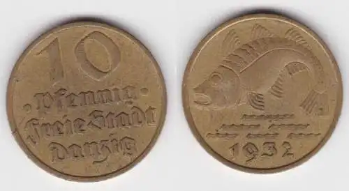 10 Pfennig Messing Münze Danzig 1932 Dorsch Jäger D 13 ss (143110)