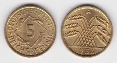 5 Reichspfennig Messing Münze Deutsches Reich 1936 A Jäger 316 Stgl.(143096)