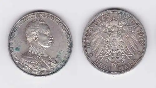 3 Mark Silbermünze Preussen Kaiser Wilhelm II in Uniform 1913 Jäger 112 (117154)