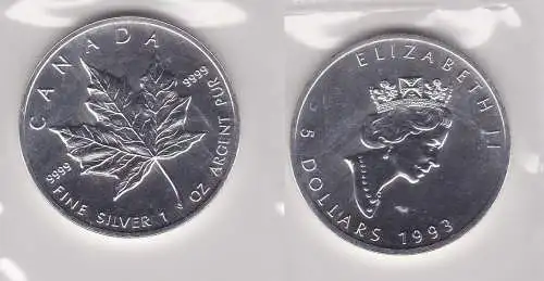 5 Dollar Silber Münze Canada Kanada Maple Leaf 1993 (118033)