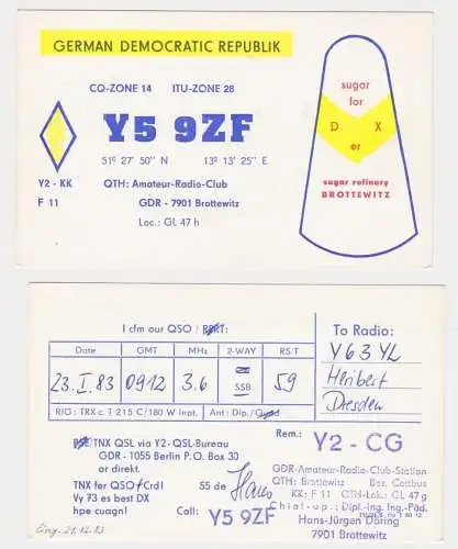 22069 QSL Karte Amateur Funker DDR Brottewitz Zucker Raffinerie 1983