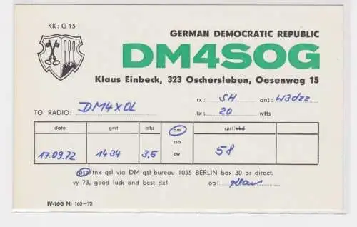 34087 QSL Karte Amateur Funker DDR Oschersleben mit Stadtwappen 1972