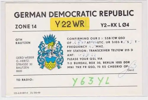 41815 QSL Karte Amateur Funker DDR Bautzen mit Stadtwappen 1990