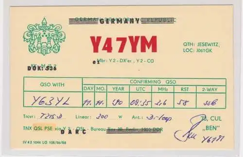 49877 QSL Karte Amateur Funker DDR Jesewitz mit Stadtwappen 1990