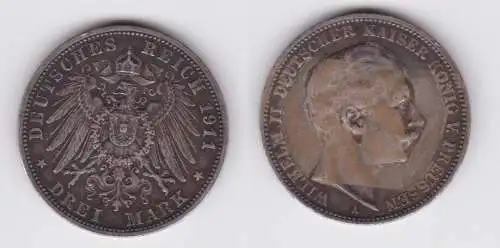 3 Mark Silbermünze Preussen Kaiser Wilhelm II 1911 A Jäger 103 ss+ (116908)