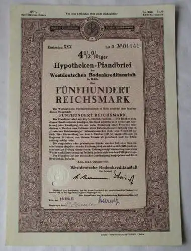 500 RM Pfandbrief Westdeutsche Bodenkreditanstalt Köln 1. Oktober 1939 (153951)