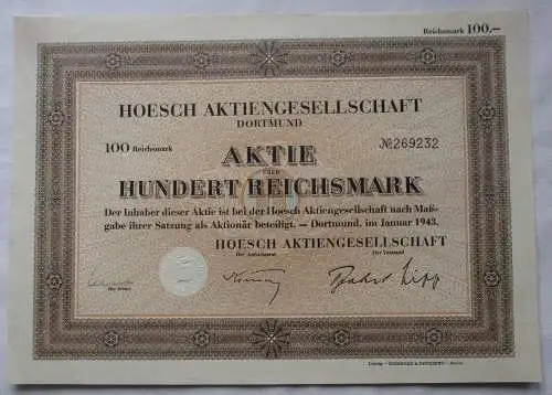 100 Reichsmark Aktie Hoesch AG Dortmund Januar 1943 (100593)