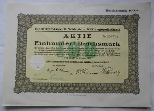 100 Mark Aktie Elektrizitätswerk Schlesien AG Breslau Oktober 1926 (102131)