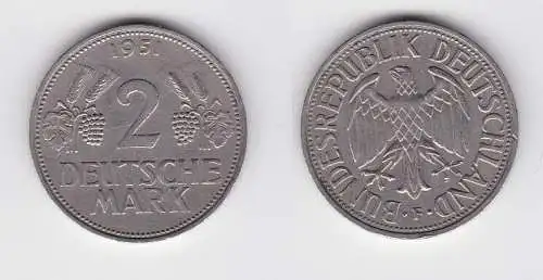 2 Mark Nickel Münze BRD Trauben und Ähren 1951 F (130549)