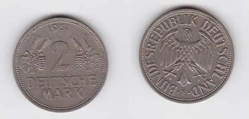 2 Mark Nickel Münze BRD Trauben und Ähren 1951 F (130442)