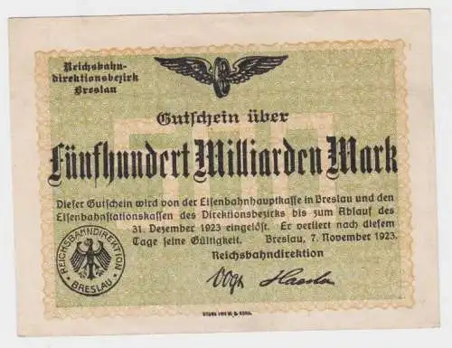 500 Milliarden Mark Banknote Reichsbahndirektion Breslau 7.11.1923 (131169)
