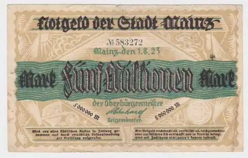 5 Millionen Mark Banknote Inflation Stadt Mainz 1.8.1923 (109098)