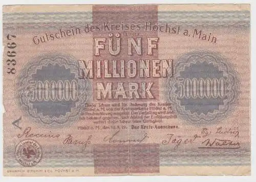 5 Millionen Mark Banknote Inflation Kreis Höchst am Main 10.8.1923 (140076)
