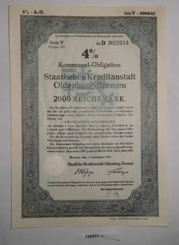 2000 RM Obligation Staatliche Kreditanstalt Oldenburg-Bremen 1.Sep 1941 (128933)