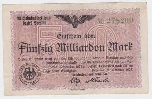 50 Milliarden Mark Banknote Reichsbahndirektion Breslau 25.10.1923 (132045)